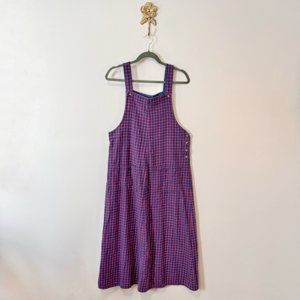 VTG 90s Blue Plaid Corduroy Trim Jumper Dress Cotton Cambridge Country Store L